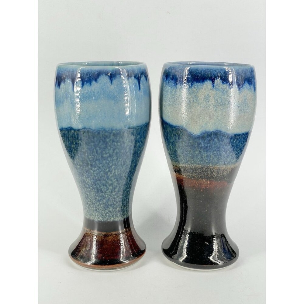 Handmade Studio Art Pottery Tumbler Cup Blue Drip Glaze Signed CPOO Set 2